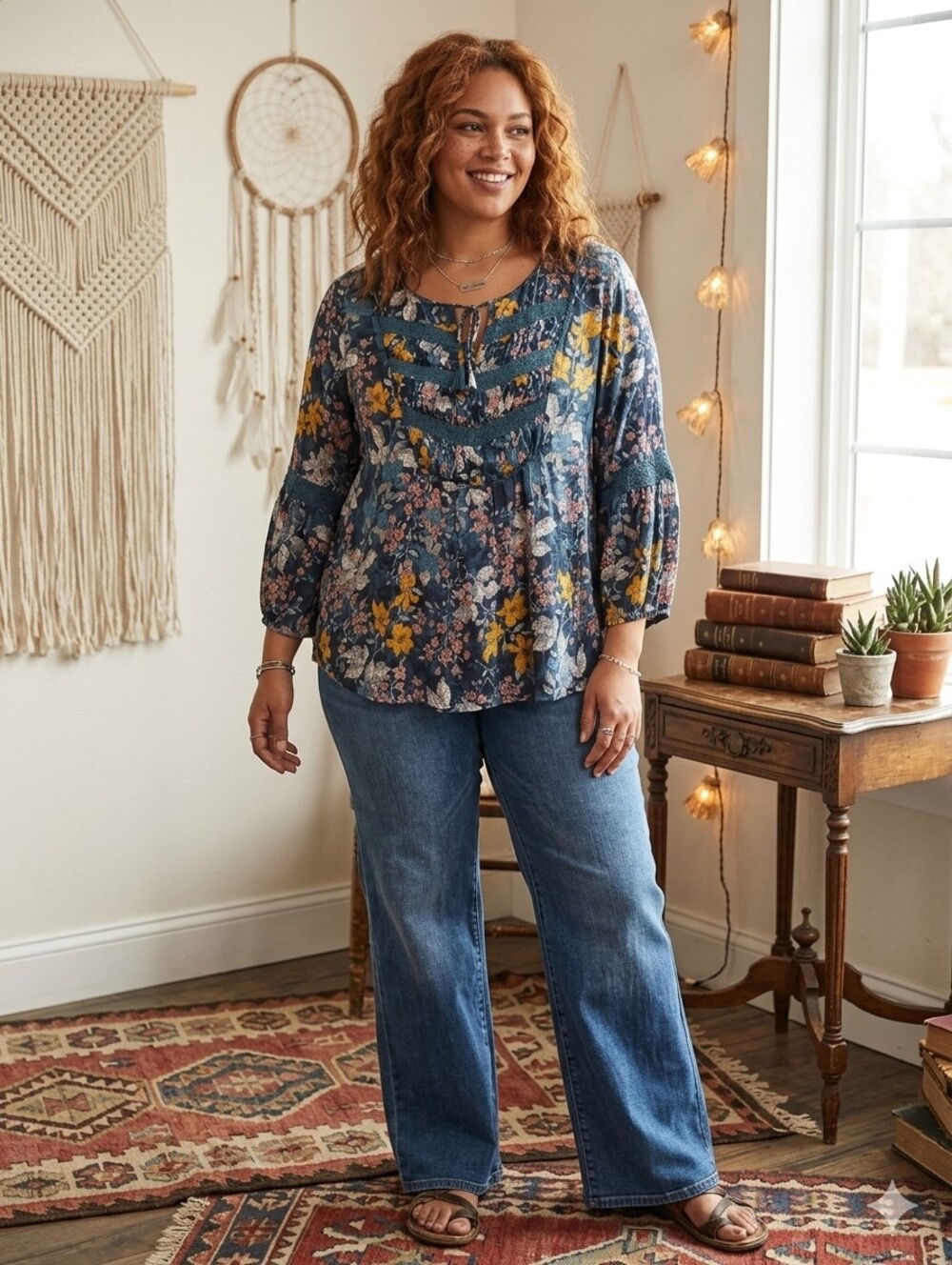 Haute Hippie Tribe Blue Floral Lace-Trim "Harlan" Peasant Blouse Boho - XL